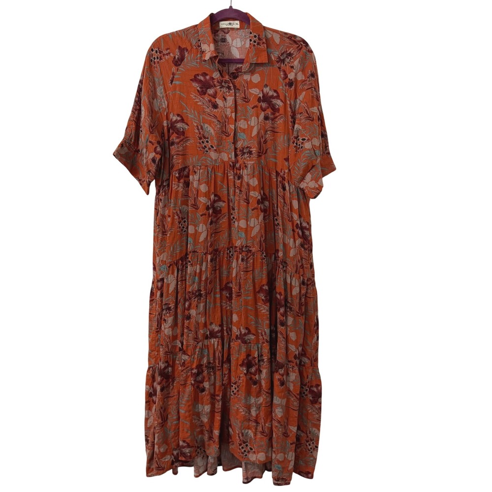 Natural Life Rust Floral Tiered Button Front Midi Dress XL Short Sleeve Pockets